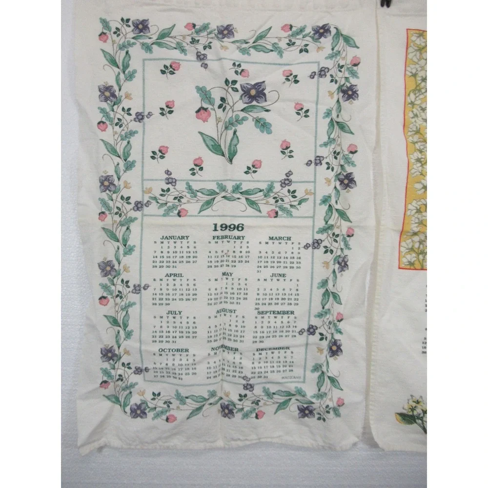 Vintage 1996 Calendar Floral Bird Print Tea Towel Lot Cotton 90s